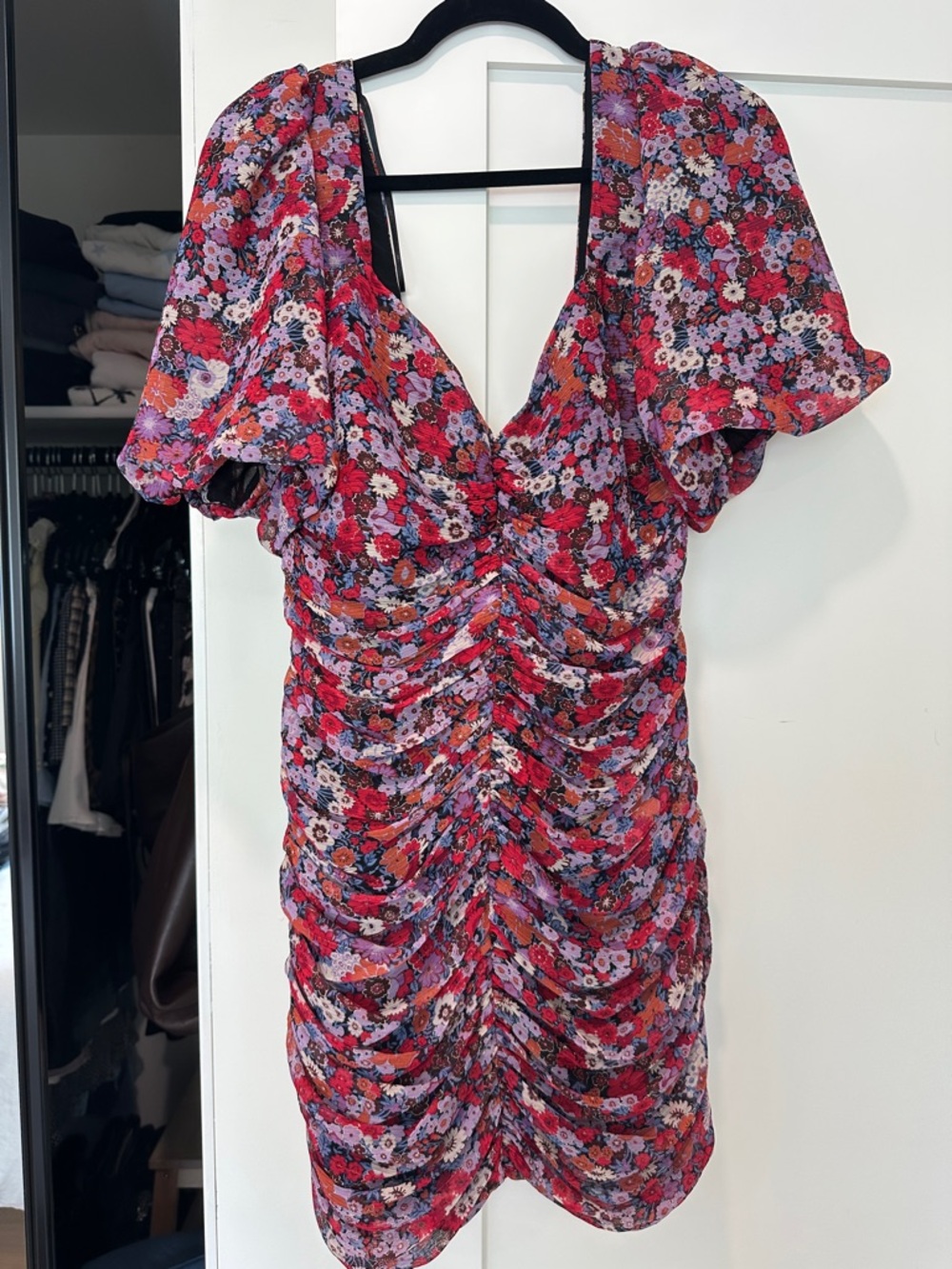 Floral Ruched V-Neck Mini Dress - Red Multi